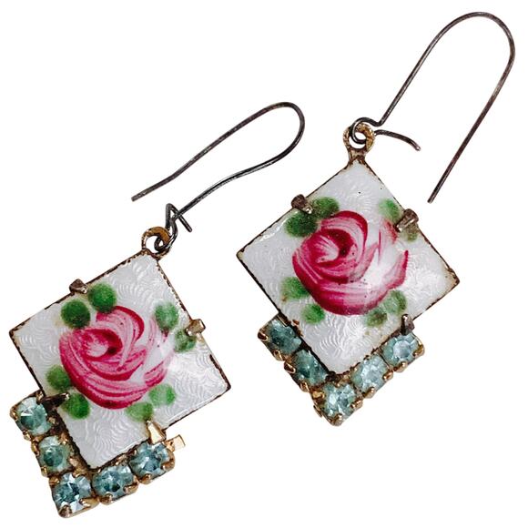 VTG 1950s Enamel Earrings Reverse Painted Guilloché Rose Aqua-Blue Rhinestones - Picture 1 of 12